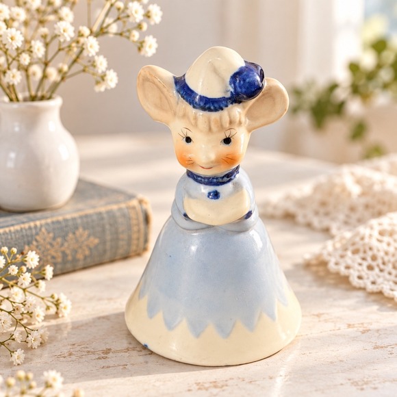 Other - Vintage Ceramic Mouse Bell Figurine Blue Dress Bonnet Hand Painted Kitsch Decor